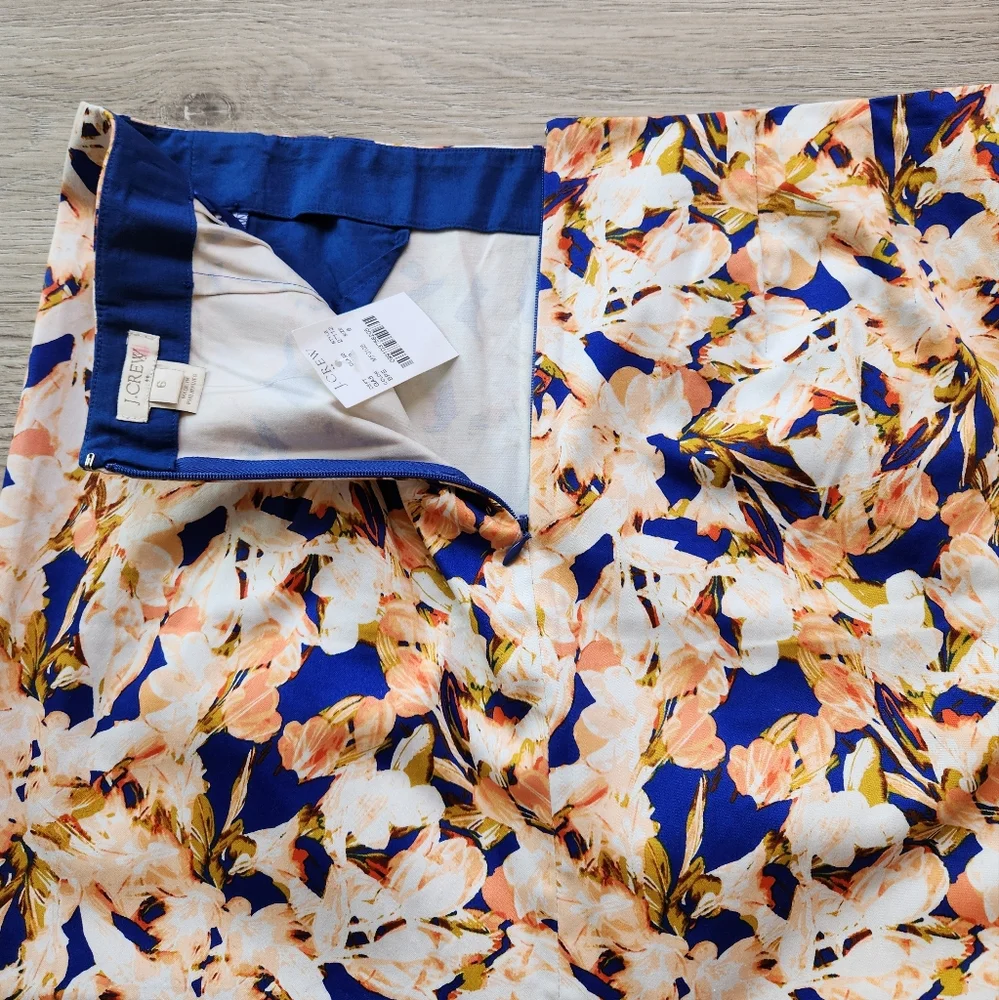 J. Crew Orange Blue Floral Skirt Womens 6 Cotton Business Casual Nwt